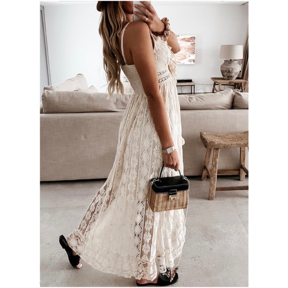 01 Boho Embroidered Floral Tassel Lace Cami Maxi Dress - Picture 7 of 10